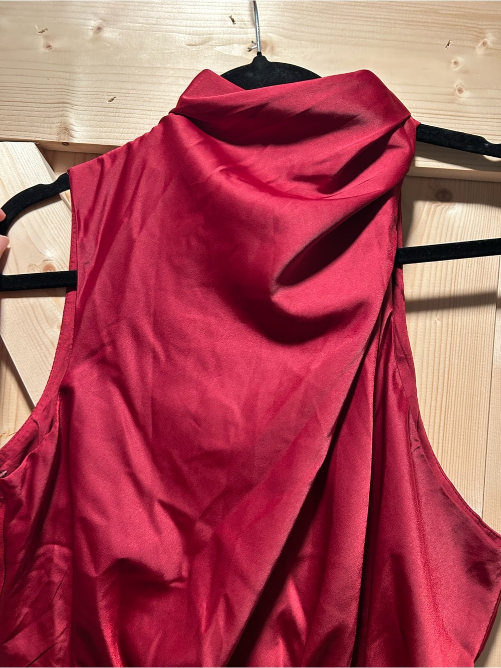 Lena High-Neck Sleeveless Red Satin Maxi Dress - Picture 4 of 6